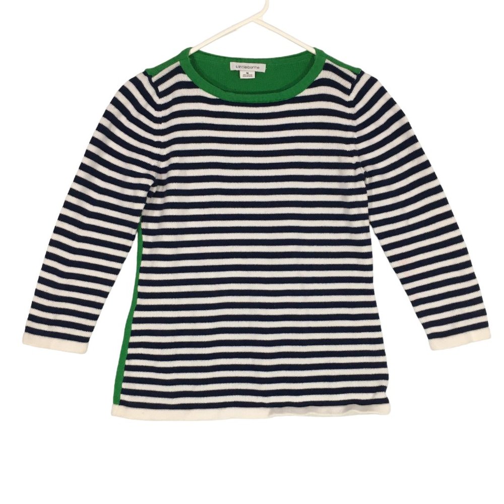 Liz Claiborne Vintage Womens Blue White striped Front w Green Back Sweater‎ M